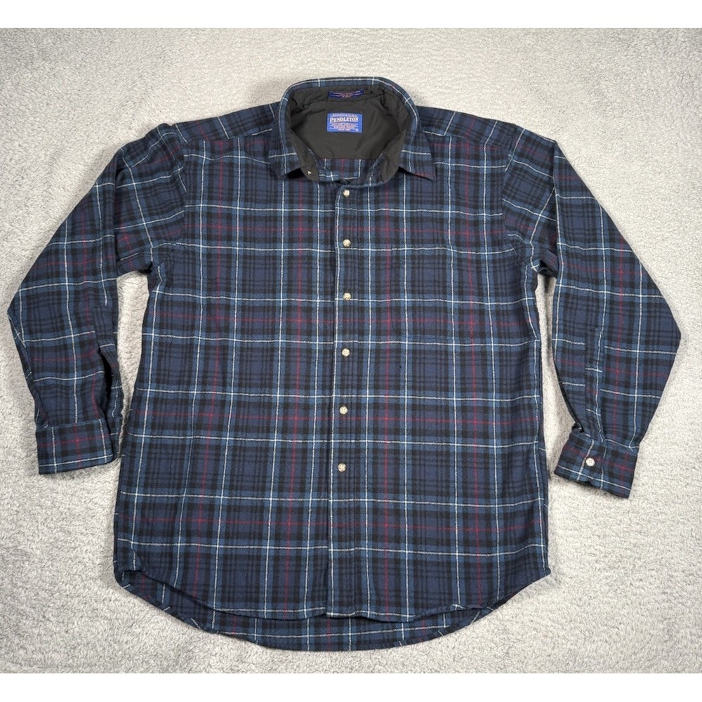 Vtg Pendleton 100% Virgin Wool‎ Flannel Button Down Shirt Mens L Blue USA Made